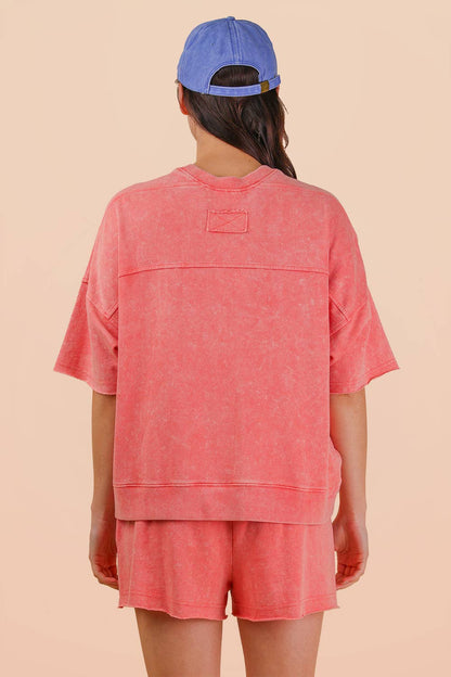 Coral Mineral Washed Knit Casual Top & Shorts