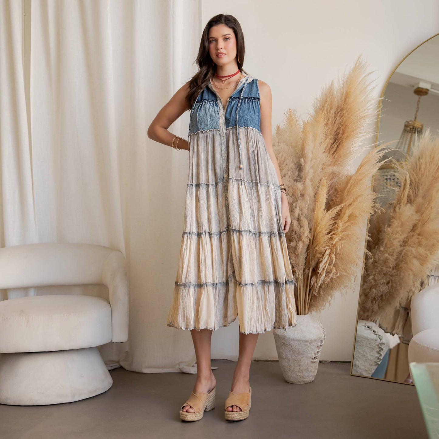 Boho Tiered Sleeveless Maxi Button-Front Duster With Hood 