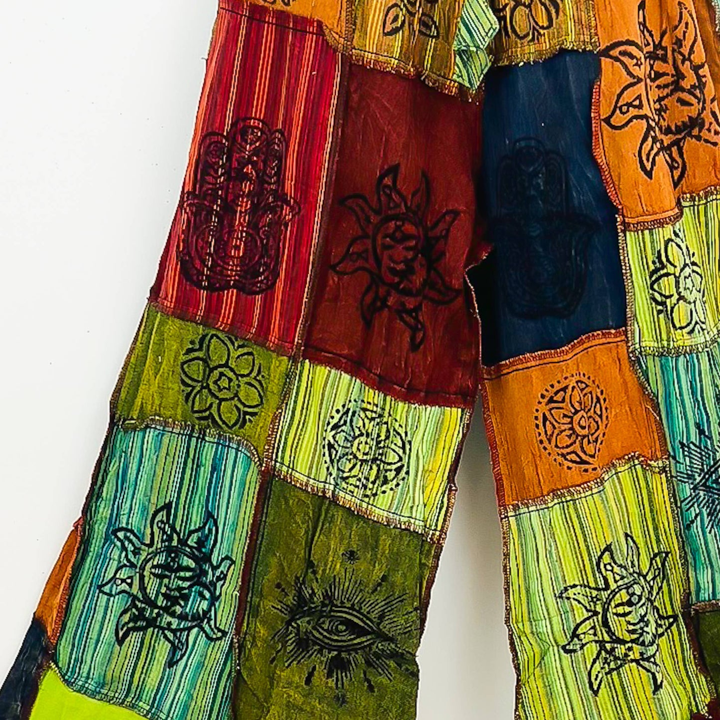 Green Patchwork Unisex Boho Wide Leg Palazzo Pant