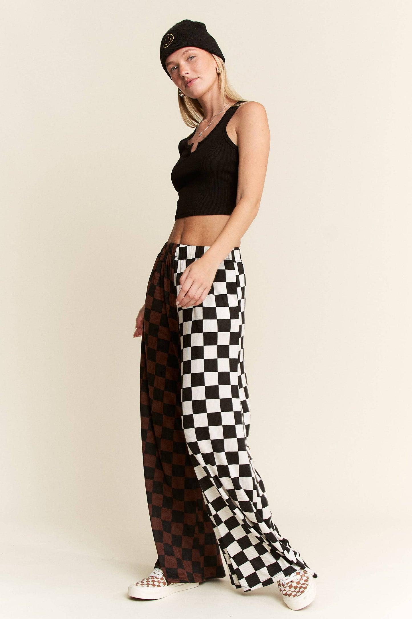 JADE BY JANE - PLUS SIZE SPLIT DECISION CHECKERED PANTS: Brown/Black