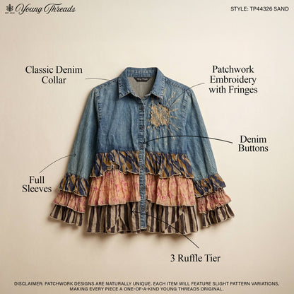 Young Threads - Vintage Boho Denim Yoke Patchwork Tiered Tunic Top  NEW