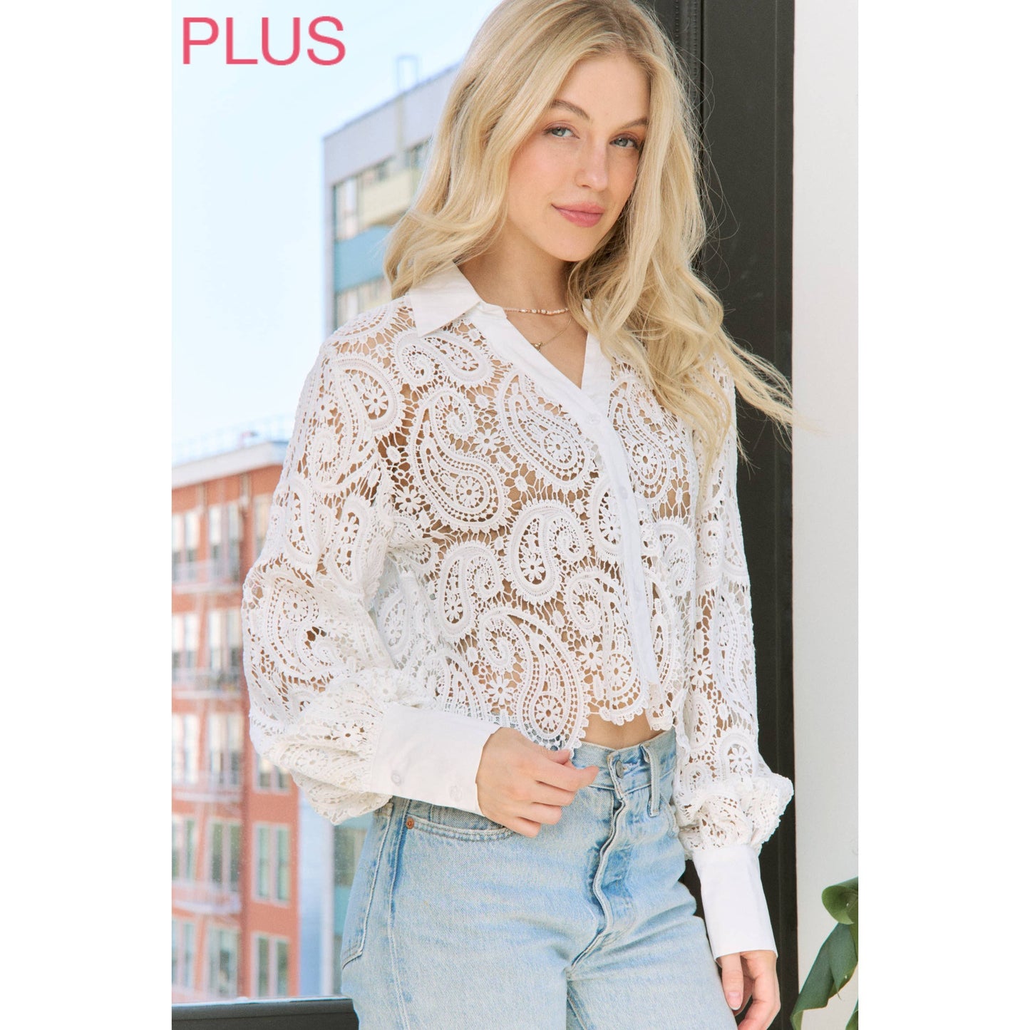 Sweet Generis - SHEER CROCHET SCALLOP EDGE CROP SHIRT BLOUSE