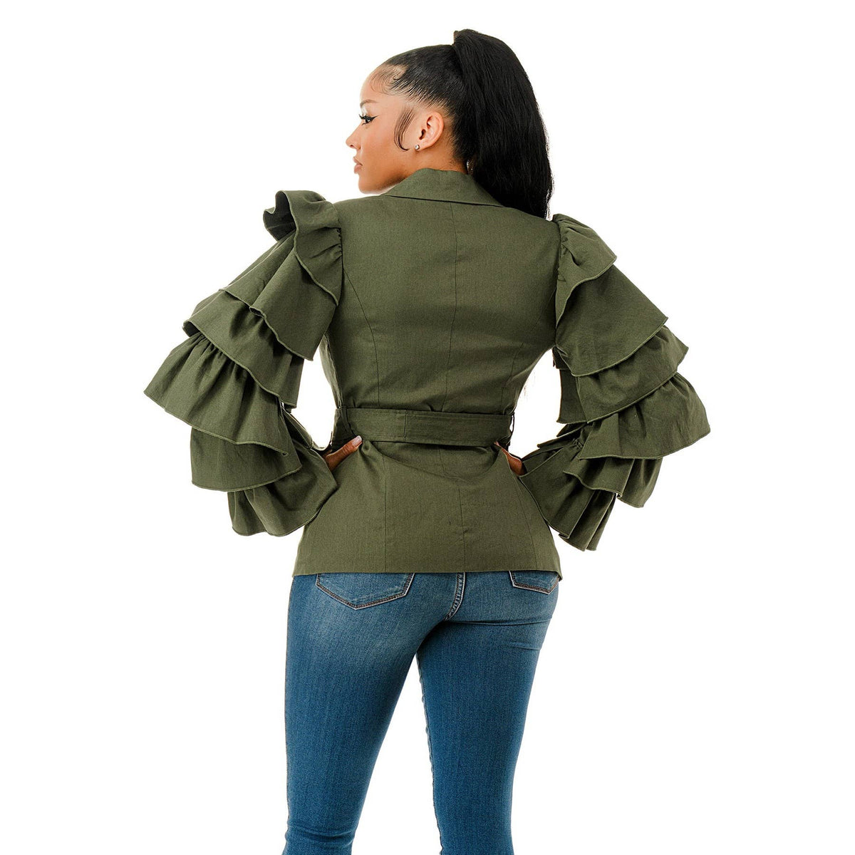 Layered Ruffle Sleeve Waist Tie Blazer Jacket