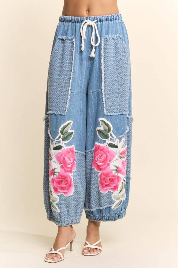 Davi & Dani - DENIM FLOWER PATCHWORK PANTS