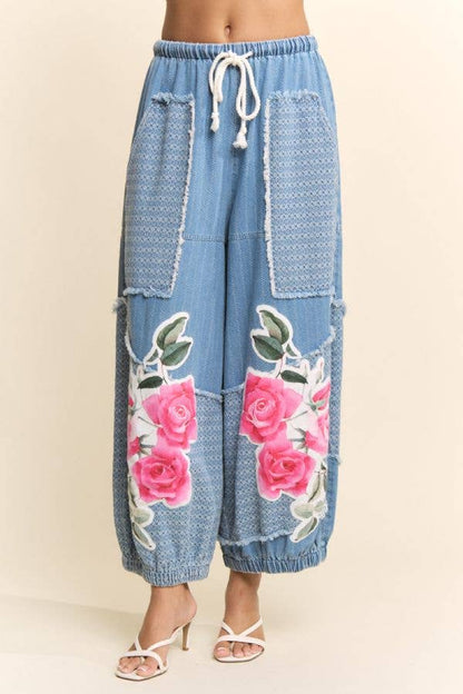 Davi & Dani - DENIM FLOWER PATCHWORK PANTS