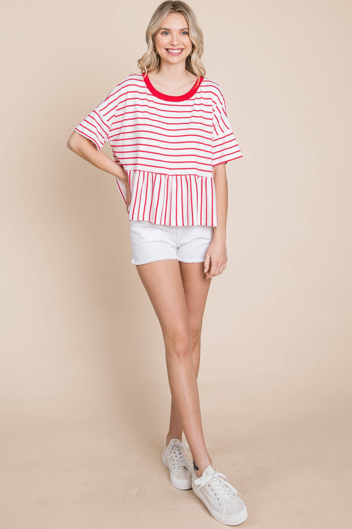 Coral Striped Babydoll Short Sleeve Top
