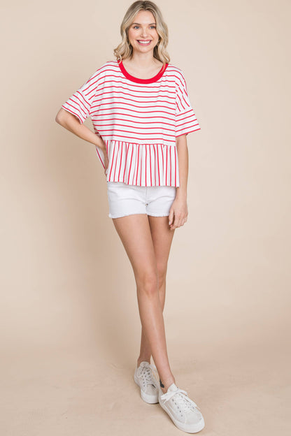 Coral Striped Babydoll Short Sleeve Top