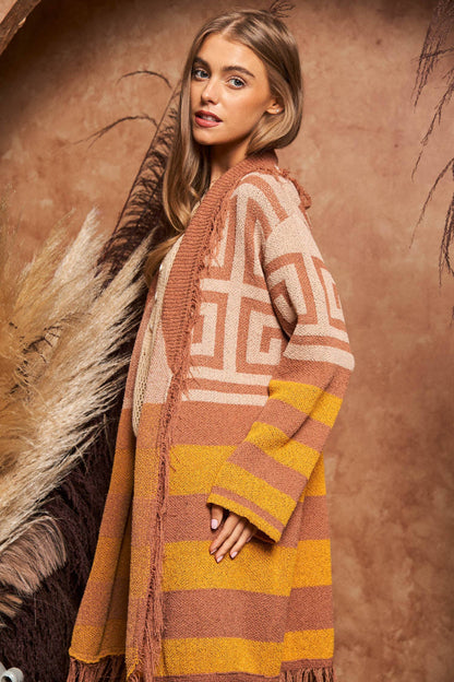 FRINGE GEOMETRIC STRIPE CARDIGAN