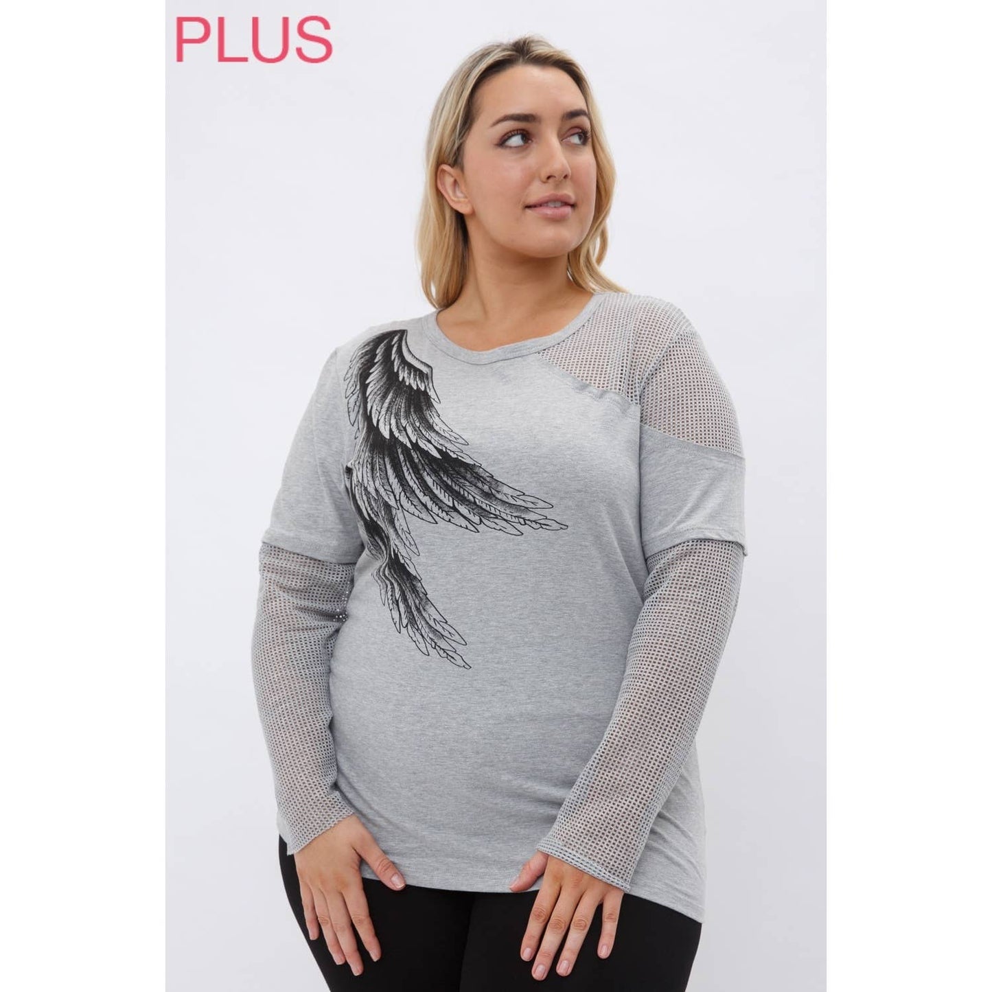 VOCAL - CURVY MESH MULTI MEDIA LONG SLEEVE TOP WITH WINGS