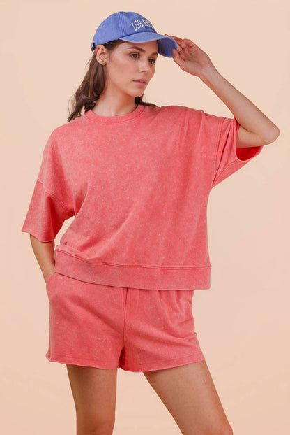 Coral Mineral Washed Knit Casual Top & Shorts