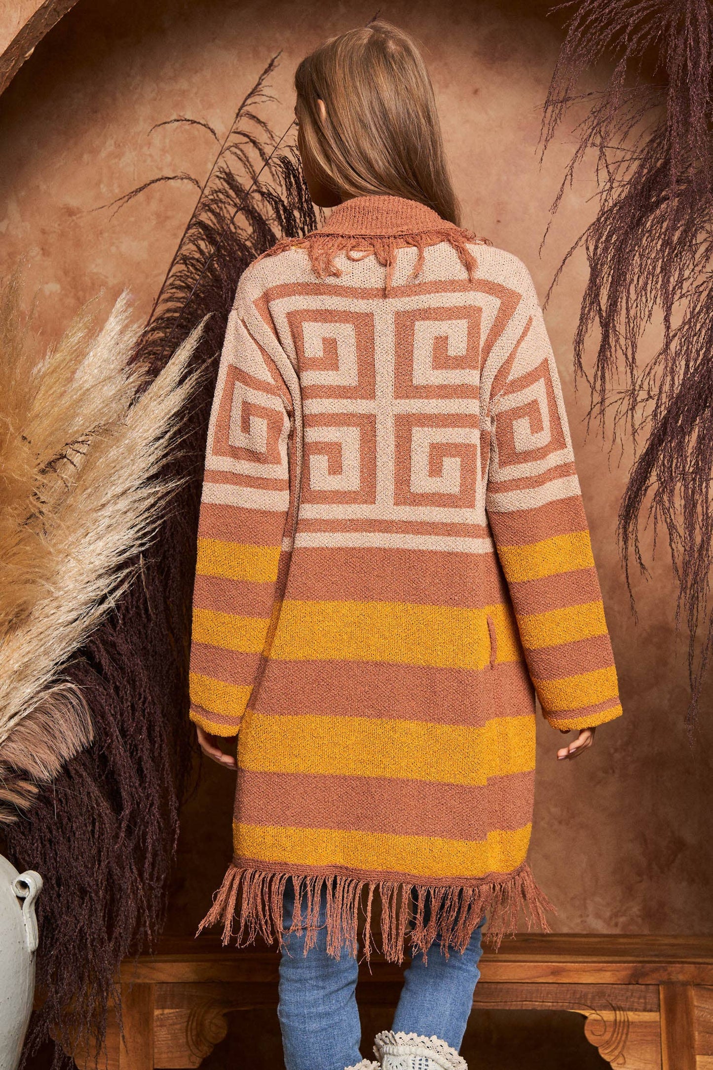 FRINGE GEOMETRIC STRIPE CARDIGAN