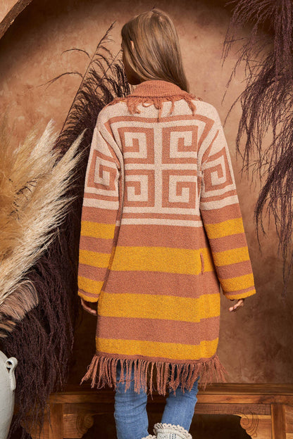 FRINGE GEOMETRIC STRIPE CARDIGAN