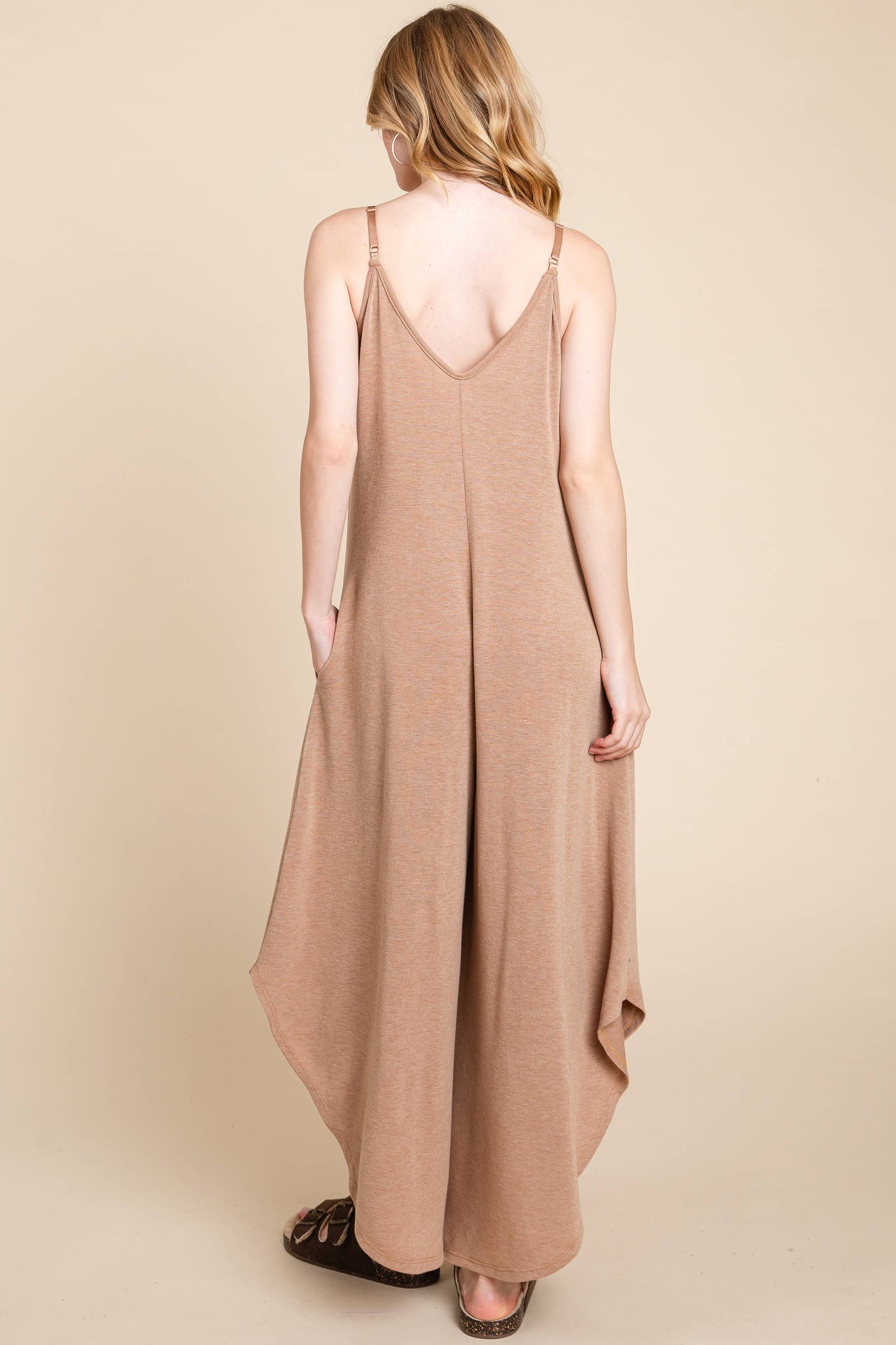 Camel Solid French Terry Wide Leg Jumpsuit