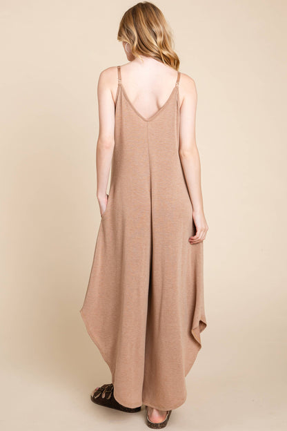 Camel Solid French Terry Wide Leg Jumpsuit