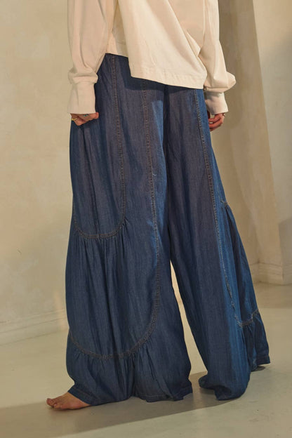 Chambray Dark Denim Wide Palazzo Pants