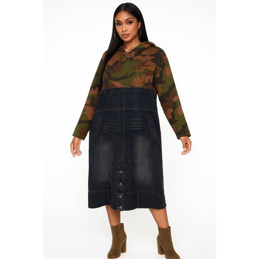 Oversized Camo And Denim Patchwork Hoodie Dress