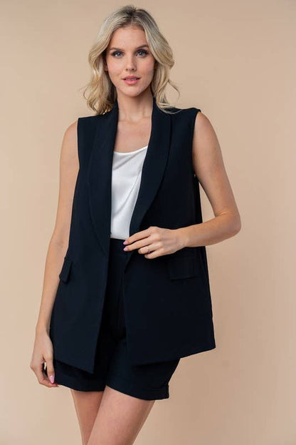 Black Sleeveless Solid Woven Vest Blazer