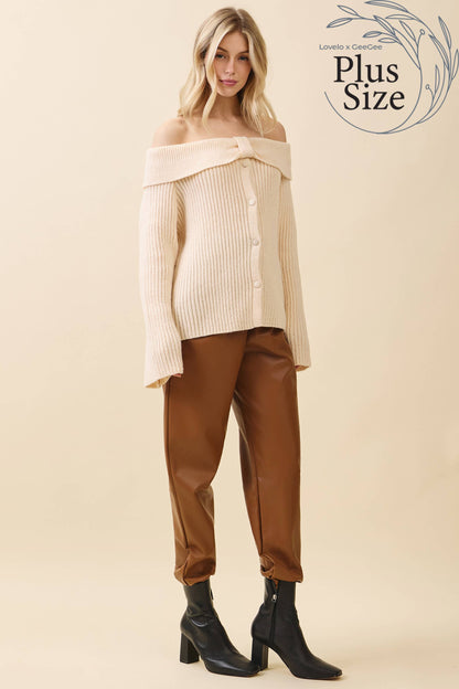 Cream- Curvy Elegant Off-Shoulder Ribbed Knit Top