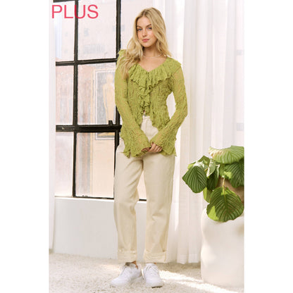 Sweet Generis - LIME GREEN LACE RUFFLE V-NECKLINE TOP WITH LONG SLEEVES