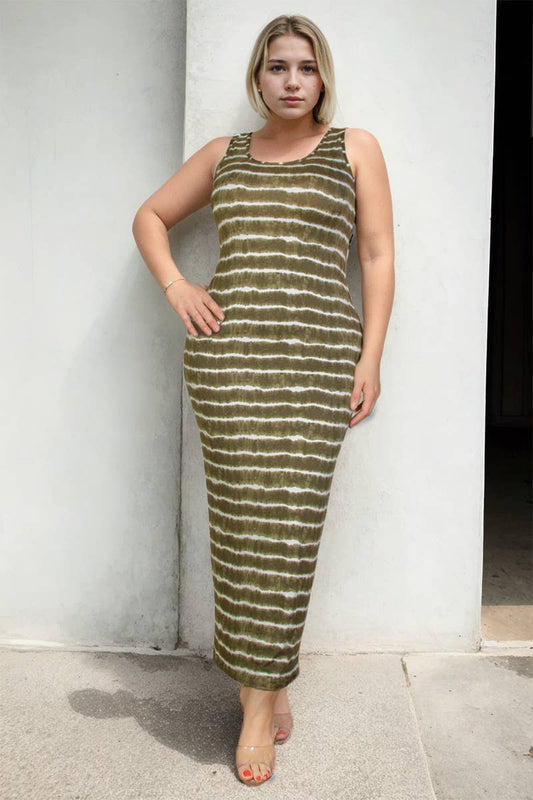 Olive Tie Dye Printed Tank Bodycon Maxi Dress