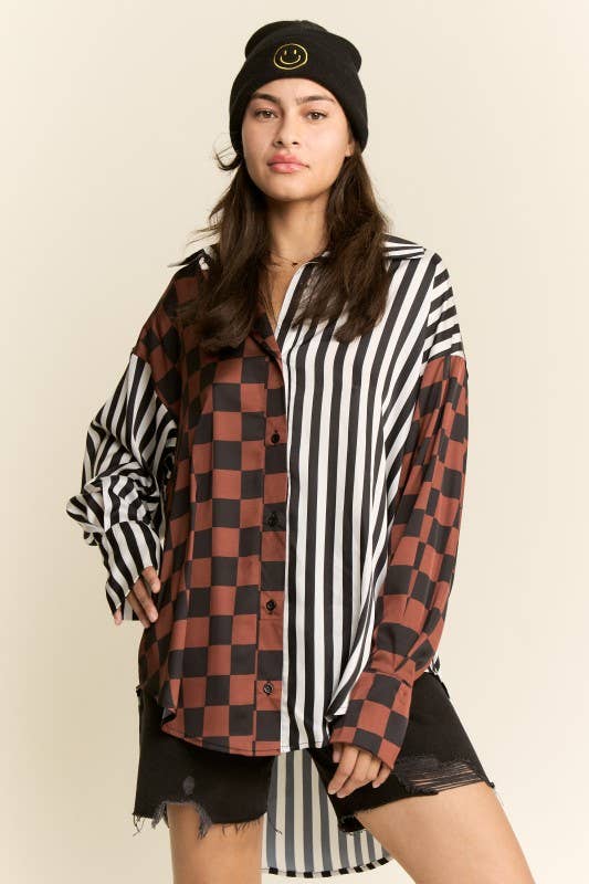 JADE BY JANE - PLUS SIZE SPLIT DECISION CHECKER-STRIPE BLOUSE