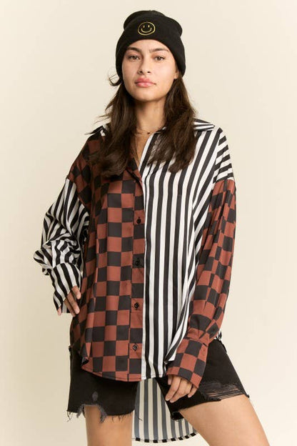 JADE BY JANE - PLUS SIZE SPLIT DECISION CHECKER-STRIPE BLOUSE