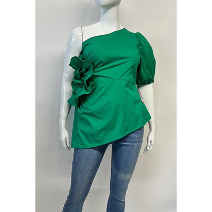 Kelly Green - Curvy Elegance One-Shoulder Hi-Lo Hem Blouse