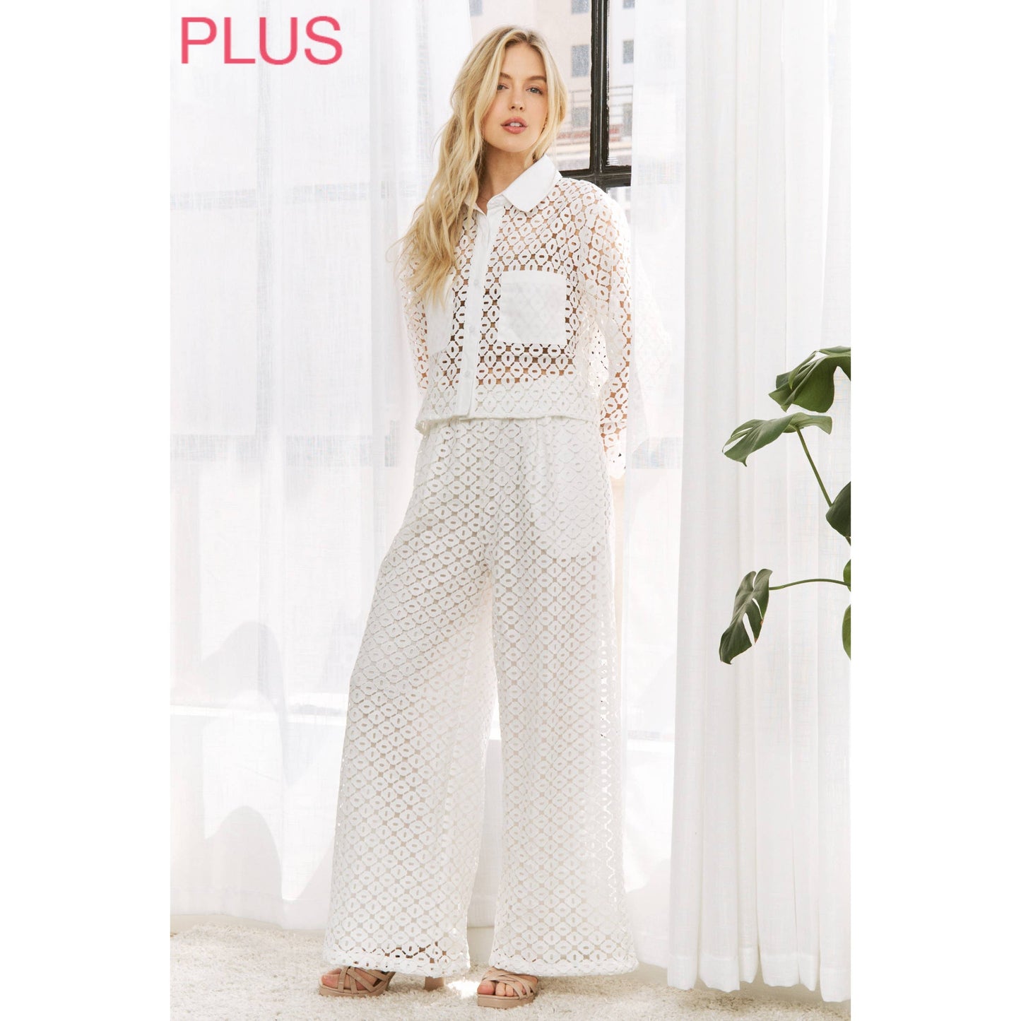Sweet Generis- ELASTIC WAIST BAND CROCHET WITH WIDE LEG OPENING PANTS
