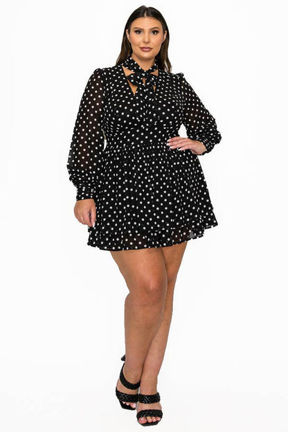 Miss Avenue - POLKA DOT TIE NECK LONG SLV CUT OUT BACK DRESS