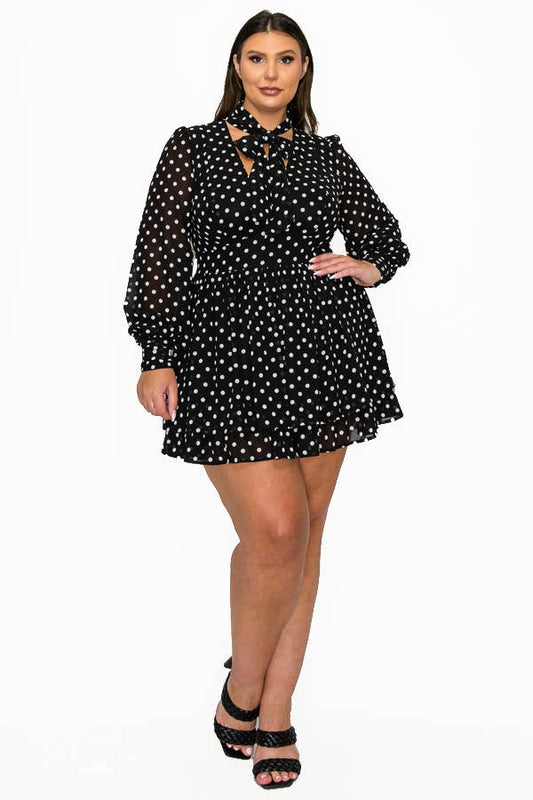 Miss Avenue - POLKA DOT TIE NECK LONG SLV CUT OUT BACK DRESS