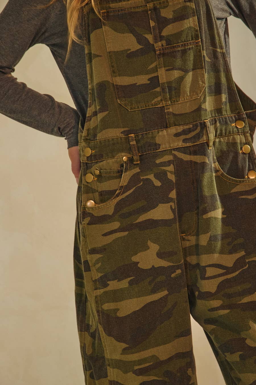 Oddi - Curvy Camo Denim Barrel Overall Jumpsuit