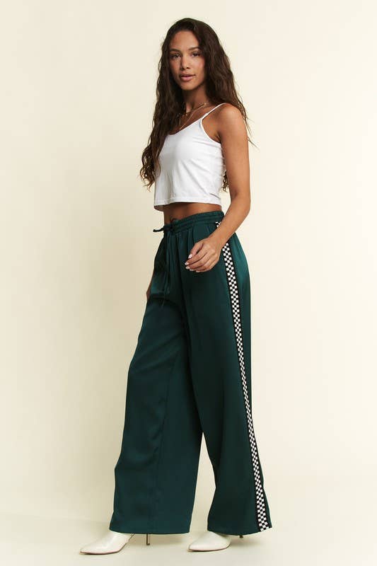 JADE BY JANE - SOLID SATIN SWEATPANTS WITH SIDE CHECKERBOARD TAPE