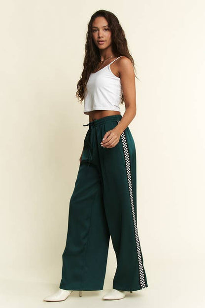 JADE BY JANE - SOLID SATIN SWEATPANTS WITH SIDE CHECKERBOARD TAPE