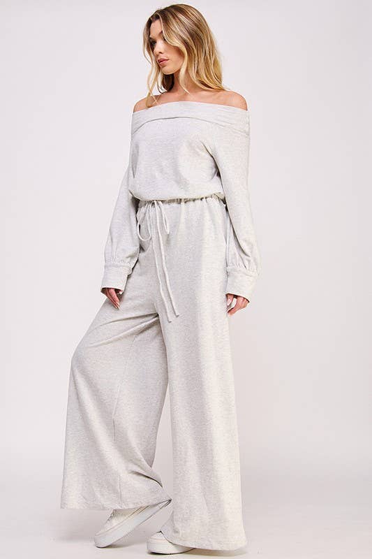 Curvy Line Off Shoulder Terry Knit Jumpsuit