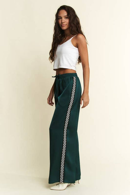JADE BY JANE - SOLID SATIN SWEATPANTS WITH SIDE CHECKERBOARD TAPE