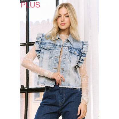 Sweet Generis - DENIM WASH VEST JACKET with ARMHOLE RUFFLE DETAILS