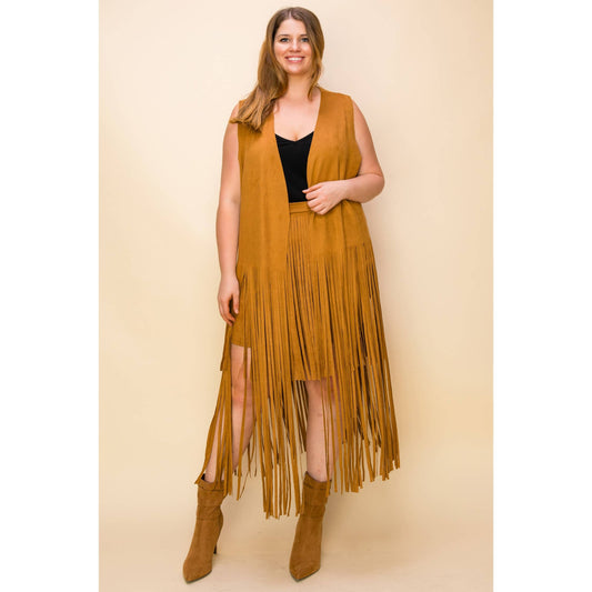 VOCAL - CAMEL SUEDE COWGIRL LONG FRINGE SLEEVELESS CARDIGAN