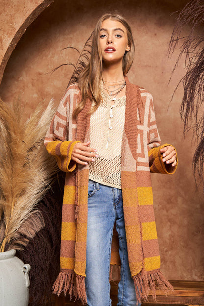 FRINGE GEOMETRIC STRIPE CARDIGAN