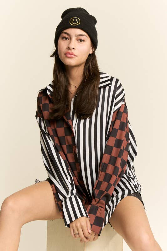 JADE BY JANE - PLUS SIZE SPLIT DECISION CHECKER-STRIPE BLOUSE