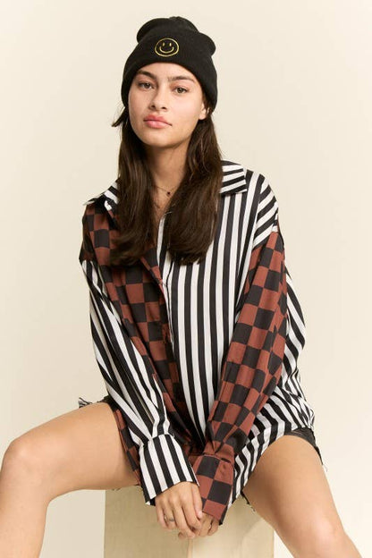 JADE BY JANE - PLUS SIZE SPLIT DECISION CHECKER-STRIPE BLOUSE