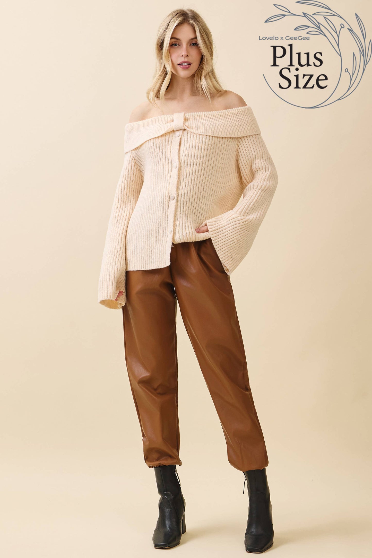 Cream- Curvy Elegant Off-Shoulder Ribbed Knit Top