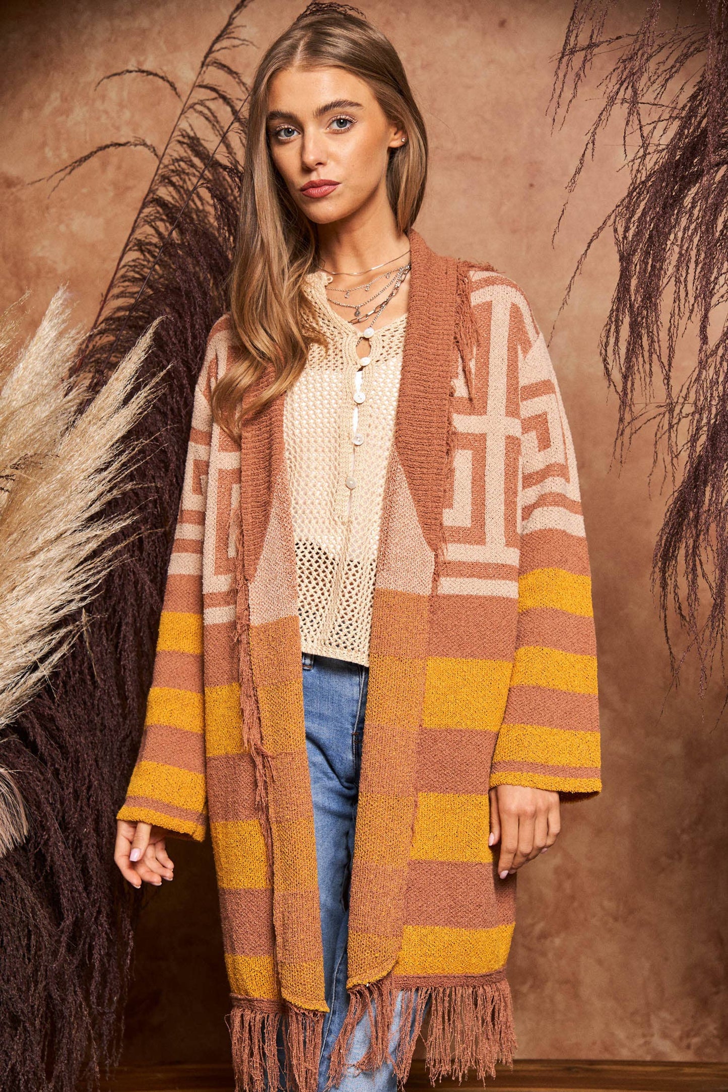 FRINGE GEOMETRIC STRIPE CARDIGAN