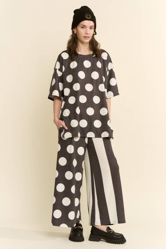 CHARCOAL POLKA DOT& STRIPE RELAXED FIT LOUNGE TWO PIECE SET