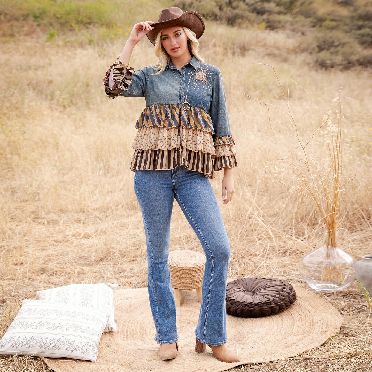 Young Threads - Vintage Boho Denim Yoke Patchwork Tiered Tunic Top  NEW