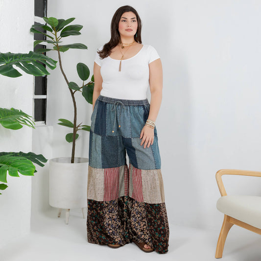 Boho Tiered Patch Inserted Denim Lace & Knit Pants
