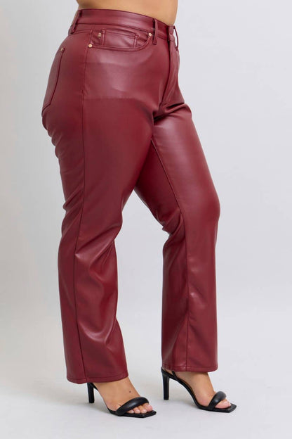 Judy Blue Jeans - Red Faux Leather High Waisted Tummy Control Straight