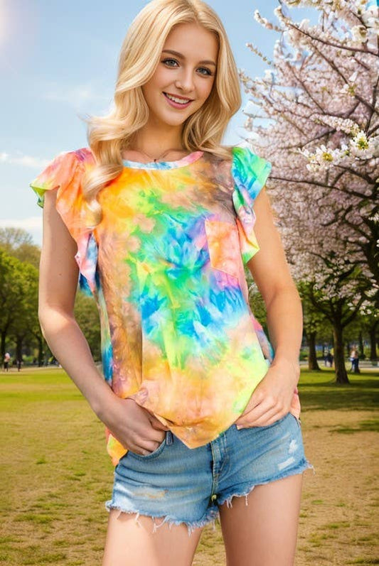 RUFFLED MULTI COLOR TIE DYE TOP WITH POCKET