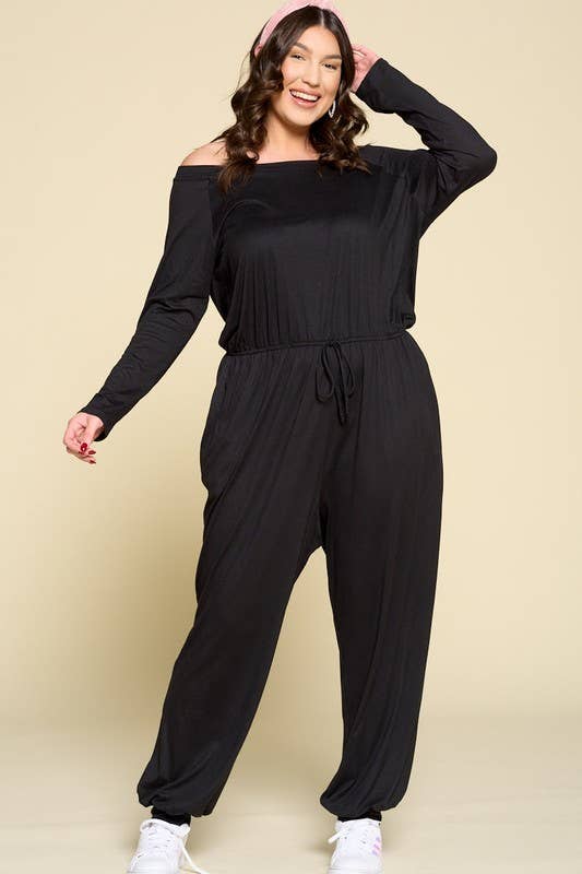 Curvy Black Off Shoulder Casual Jumpsuit