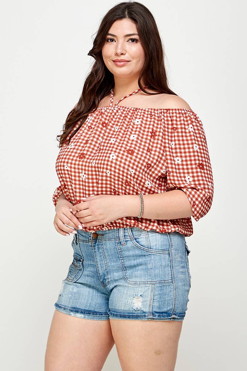 Black -The Curvy Checkered Off The Shoulder Top -
