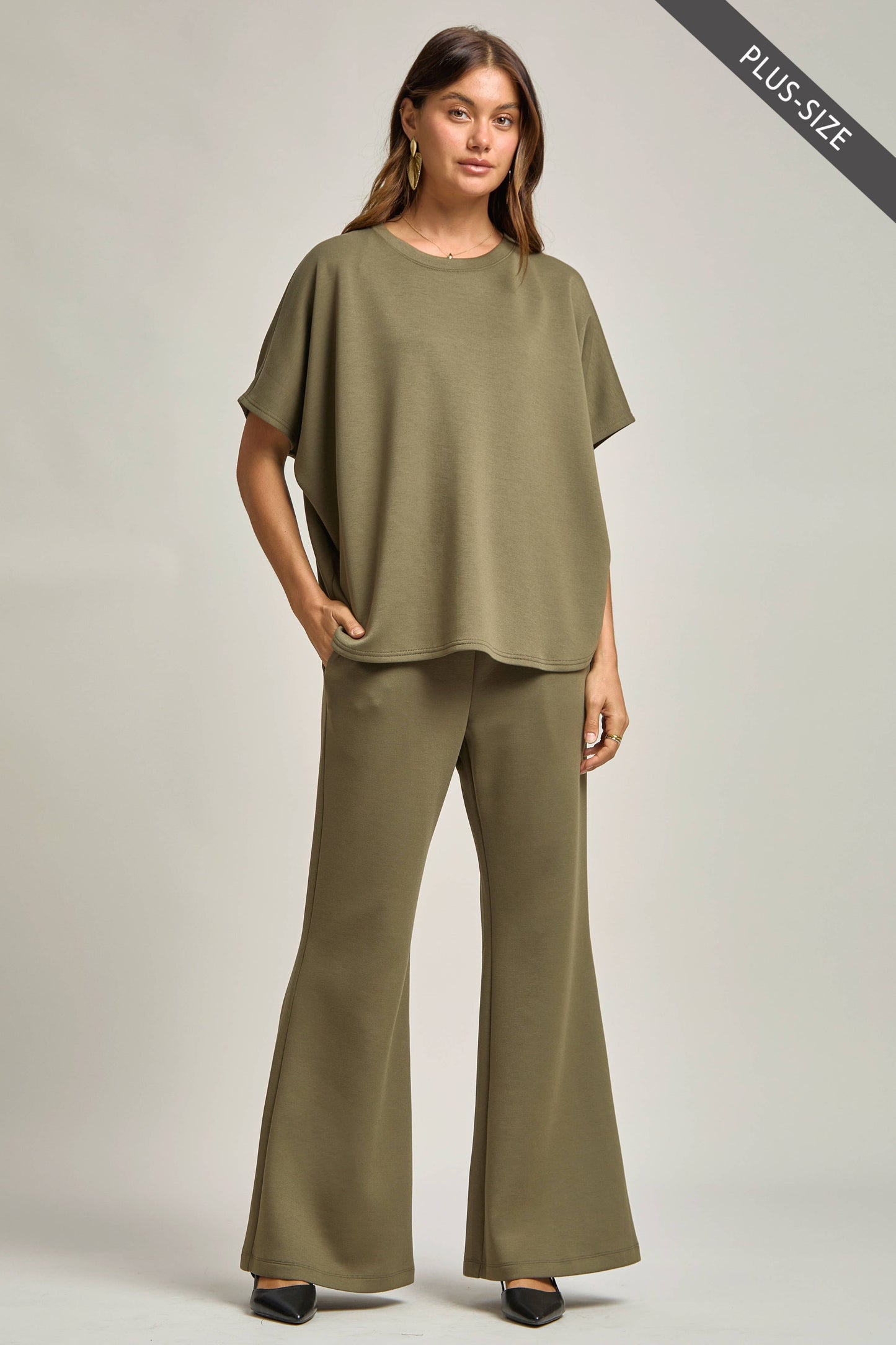 Olive-Poncho Top + Bell Bottom Modal Set